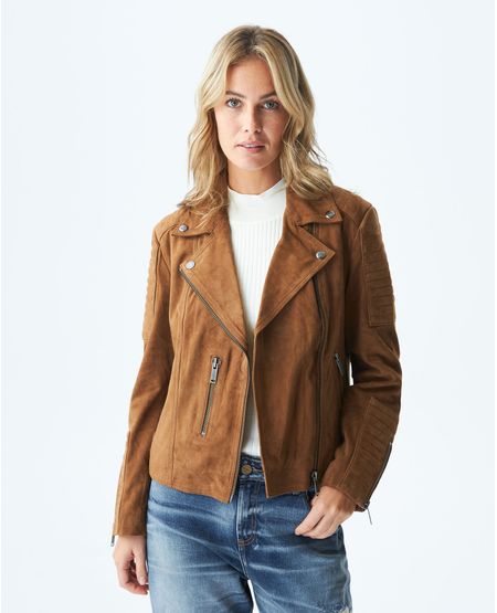 Chaqueta de Mujer en cuero, Silueta Biker - Gamuza