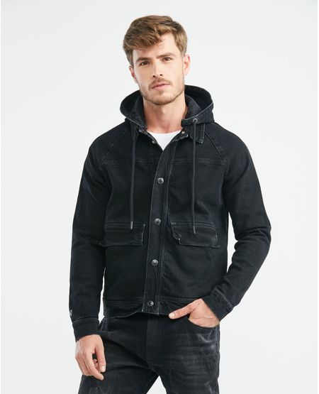 Chaqueta de Hombre en Denim con Capucha Removible, Tipo Militar Straight Fit - Azul Oscuro