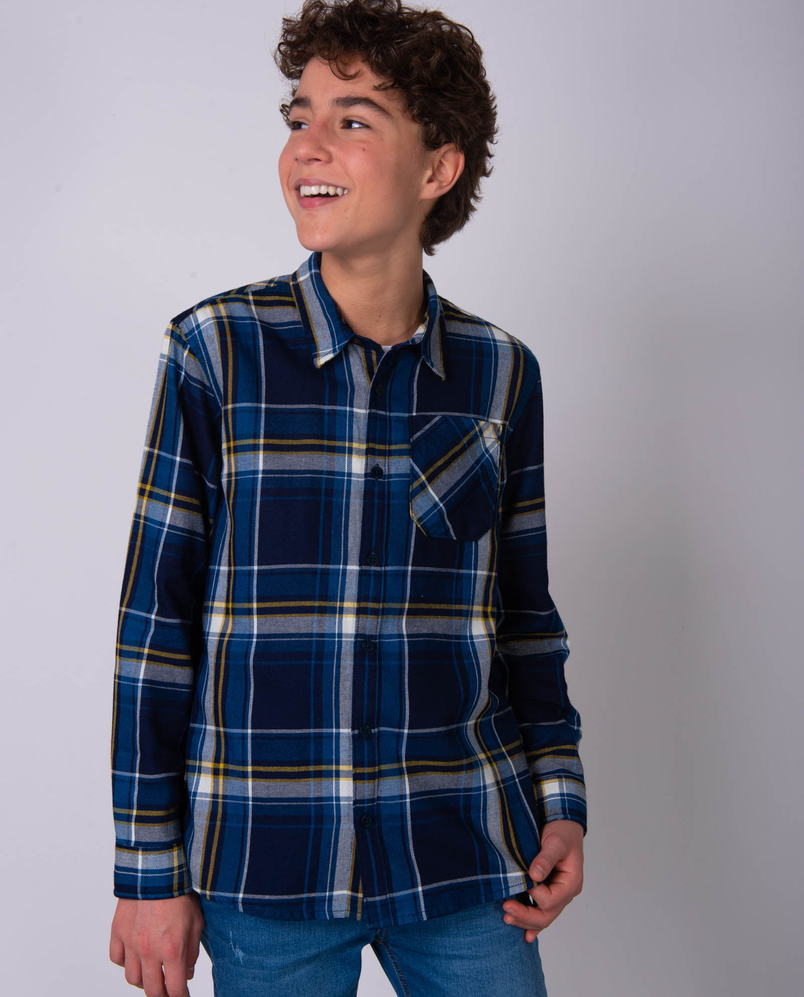 Camisa de Niño, Silueta Recta Manga Larga - Cuadros Indigo