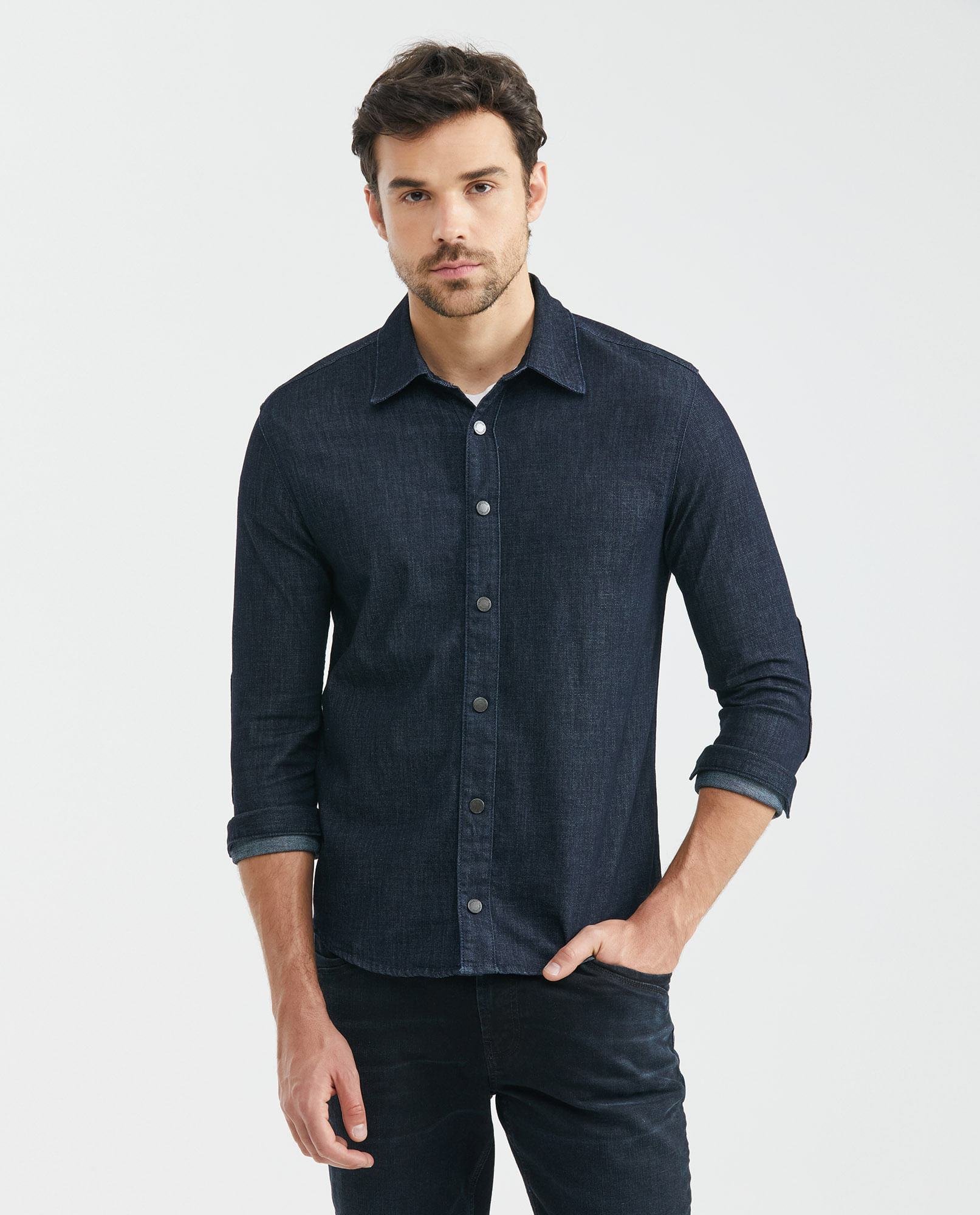Camisa de Hombre en Denim, Slim Fit Manga Larga - Azul Ultra Oscuro