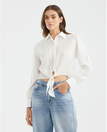 Camisa de Mujer, Silueta Recta Manga Larga Cuello Camisero - Textura Rayas