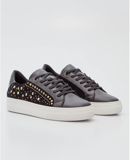 Tenis de Mujer en Cuero, Caña Baja Horma Redondeada - Combinación Cueros + Taches