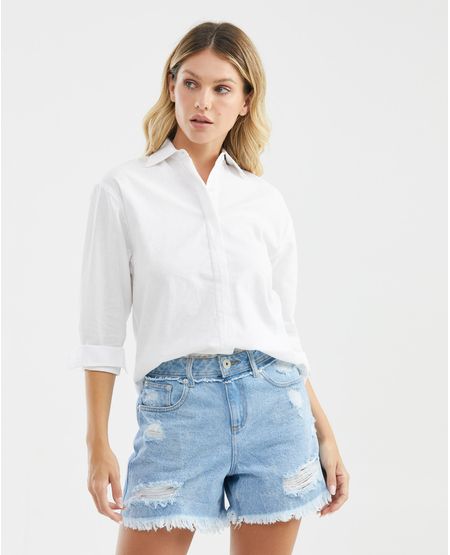 Camisa de Mujer, Silueta Recta Manga Larga Cuello Camisero - Algodón + Lino