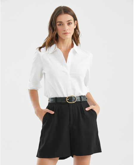 Camisa de Mujer, Silueta Ajustada Manga Larga Cuello Camisero - Algodón + Elastano
