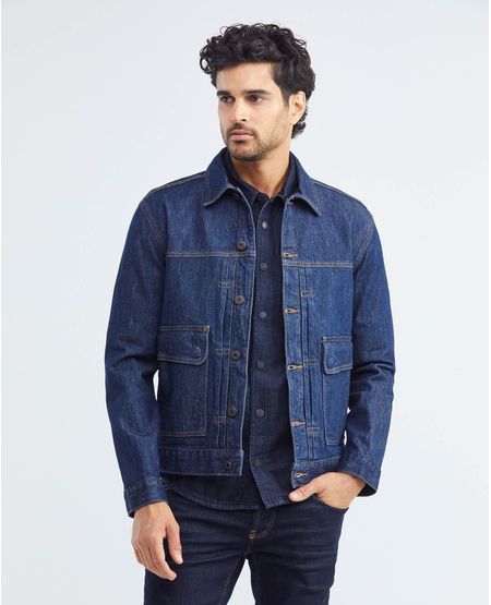Chaqueta de Hombre en Denim, Tipo Trucker Straight Fit - Azul Ultra Oscuro Bolsillos Sobredimensionados