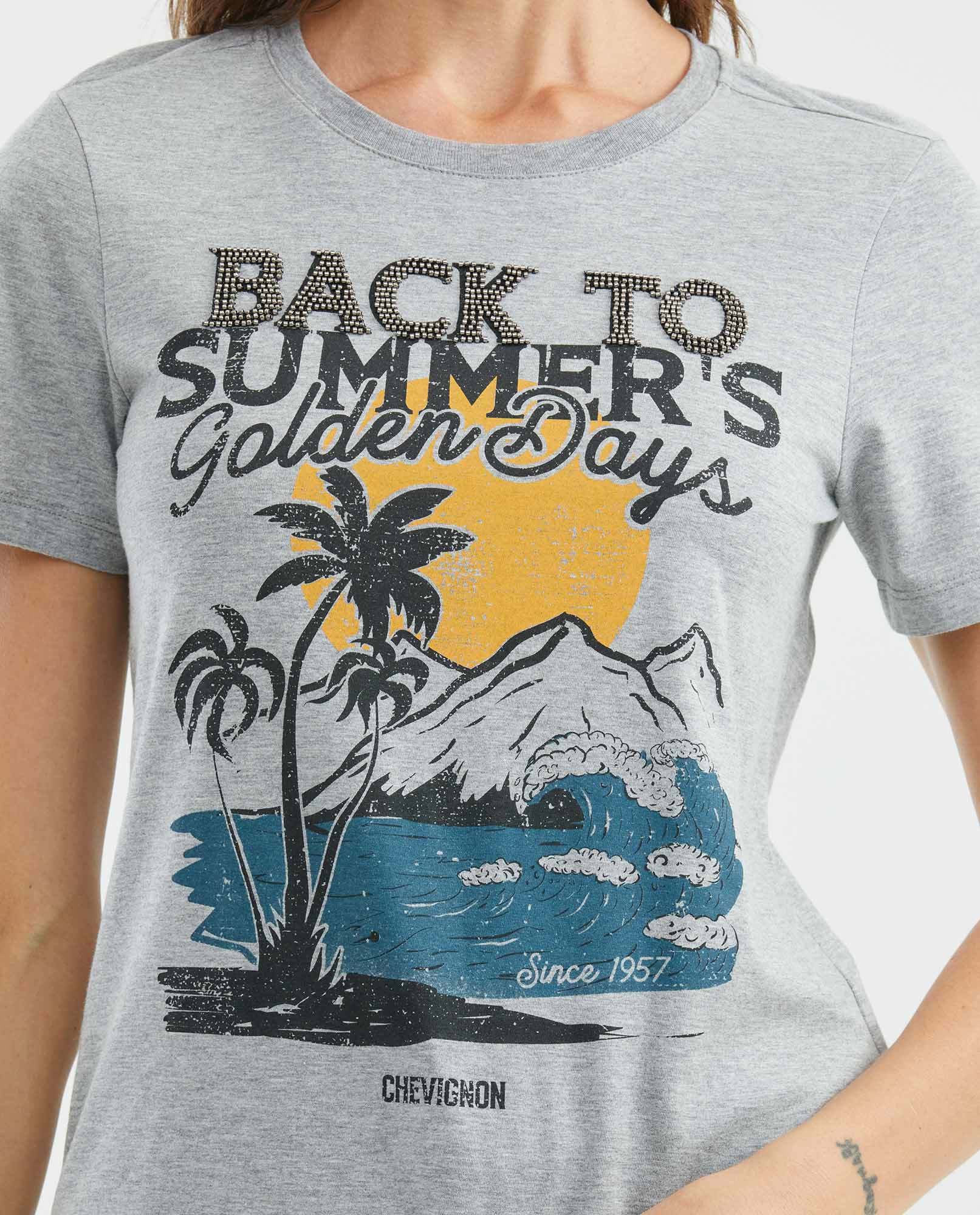 Camiseta Gráfica de Mujer, Manga Corta Cuello Redondo - Diseño Estampado Textil + Canutillos