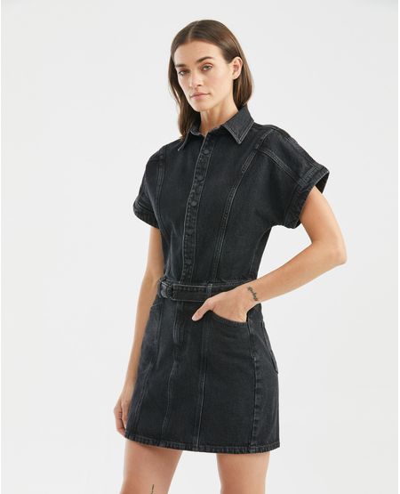 Vestido Corto en Denim, Silueta Ajustada Cuello Camisero Manga Corta - Gris Oscuro