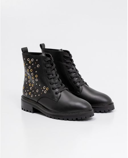 Botas de Mujer en Cuero, Tipo Militar, Caña Media Ajustada - Remaches y Ojaletes Metálicos Decorativos