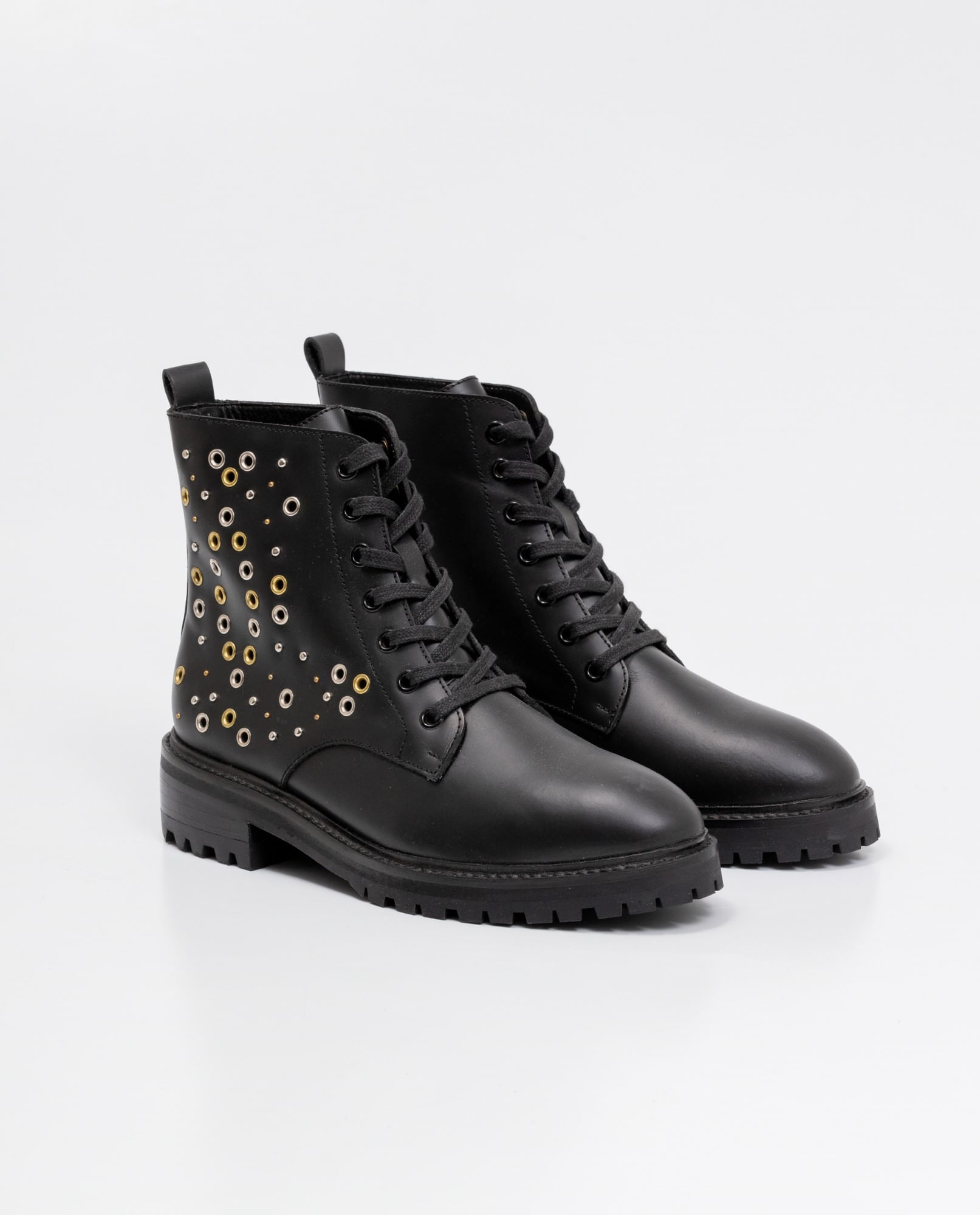 Botas de Mujer en Cuero, Tipo Militar, Caña Media Ajustada - Remaches y Ojaletes Metálicos Decorativos