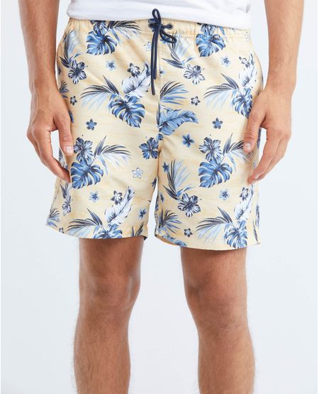 Pantaloneta de Baño Para Hombre, Regular Fit - Estampación Flores y Hojas Tropicales