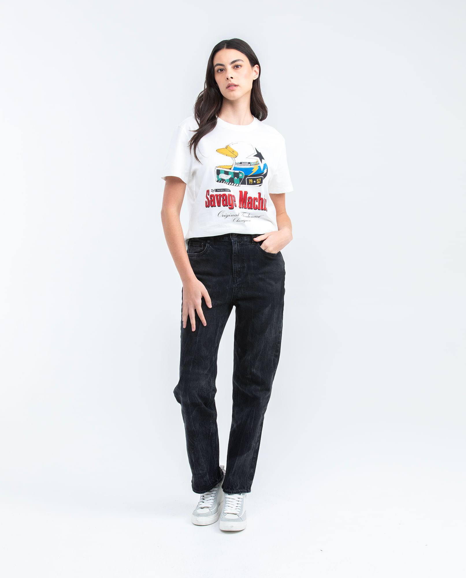 Camiseta Gráfica de Mujer, Silueta Oversized - Estampado Frontal + Piedras