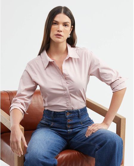 Camisa de Mujer, Silueta Ajustada Manga Larga Cuello Camisero - Algodón + Elastano