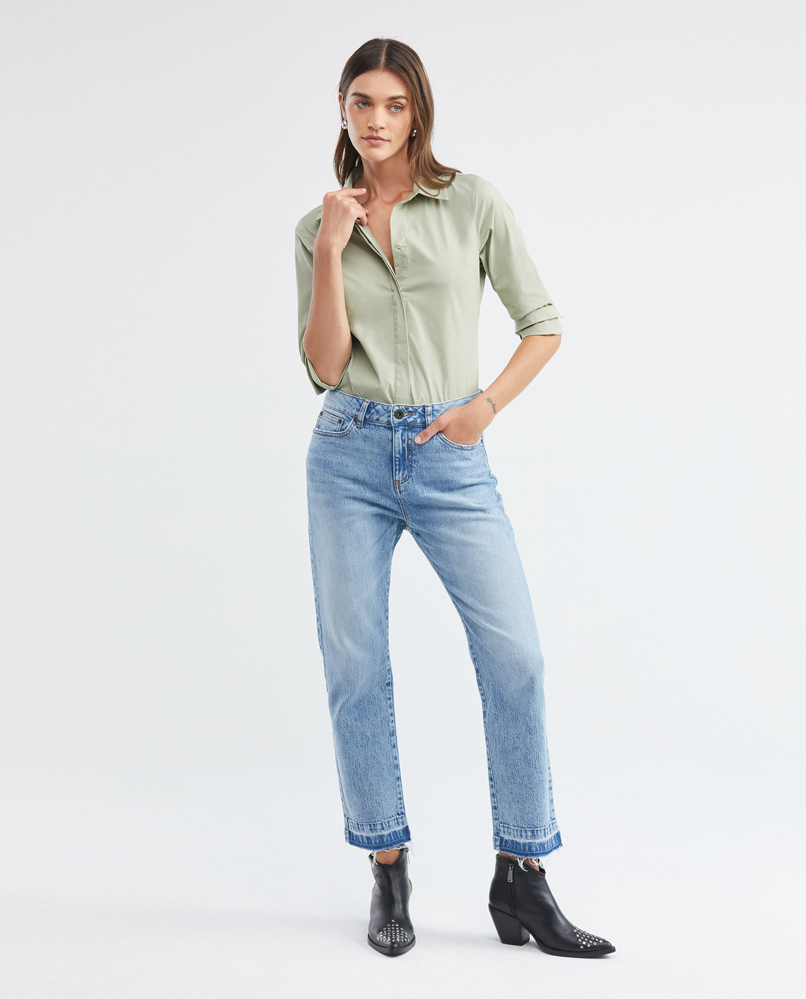 Camisa de Mujer, Silueta Ajustada Manga Larga Cuello Camisero - Algodón + Elastano
