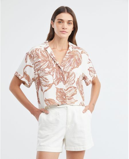 Camisa Resort de Mujer, Tipo Crop Silueta Oversized Manga Corta Cuello Camisero Escote en V - Maxi Print Follaje