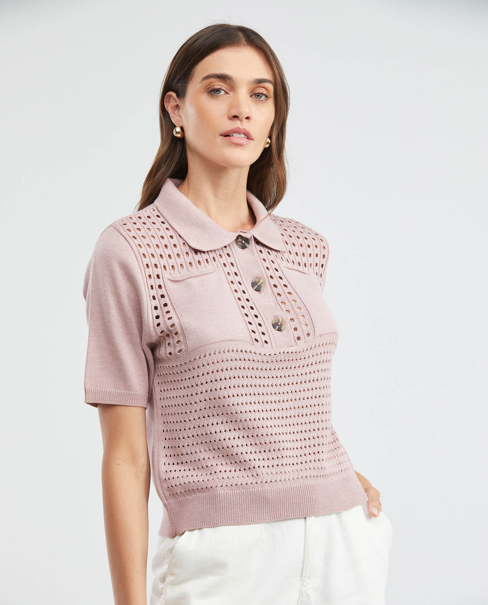Camiseta Tejida de Mujer, Silueta Recta Cuello Tipo Polo Manga Corta - Galga Liviana