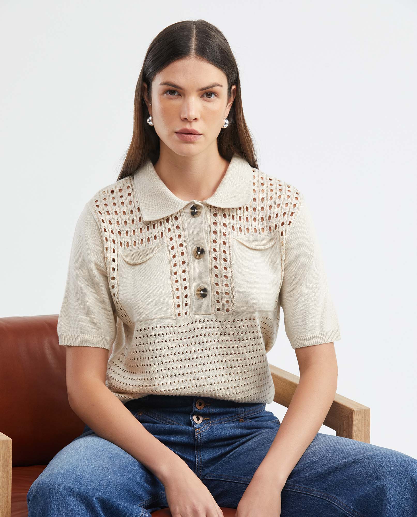 Camiseta Tejida de Mujer, Silueta Recta Cuello Tipo Polo Manga Corta - Galga Liviana