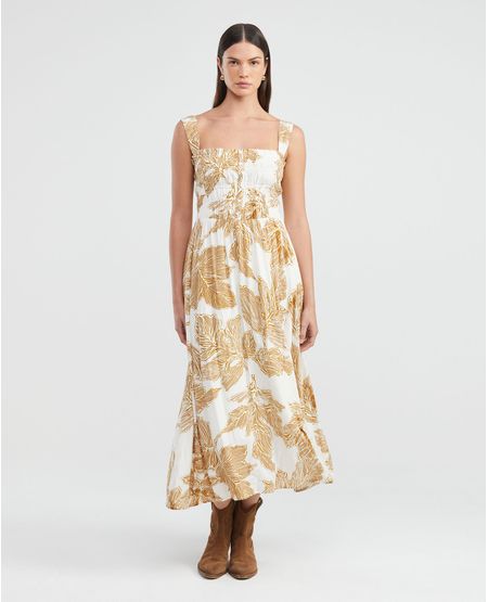 Vestido Largo, Superior Tipo Corsé Escote Cuadrado Tirantes Amplios - Maxi Print Hojas