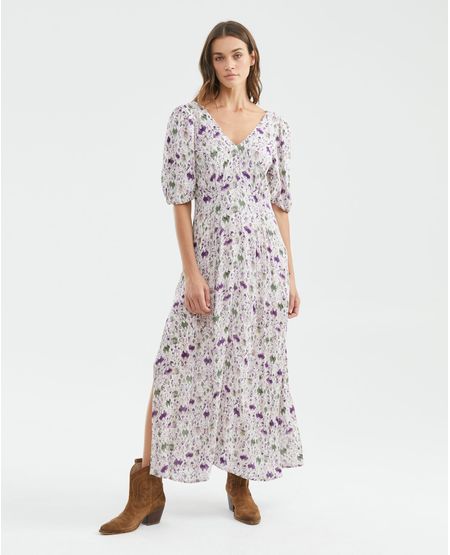 Maxi Dress Silueta Línea A, Escote en V Manga Cortas - Mini Print Floral