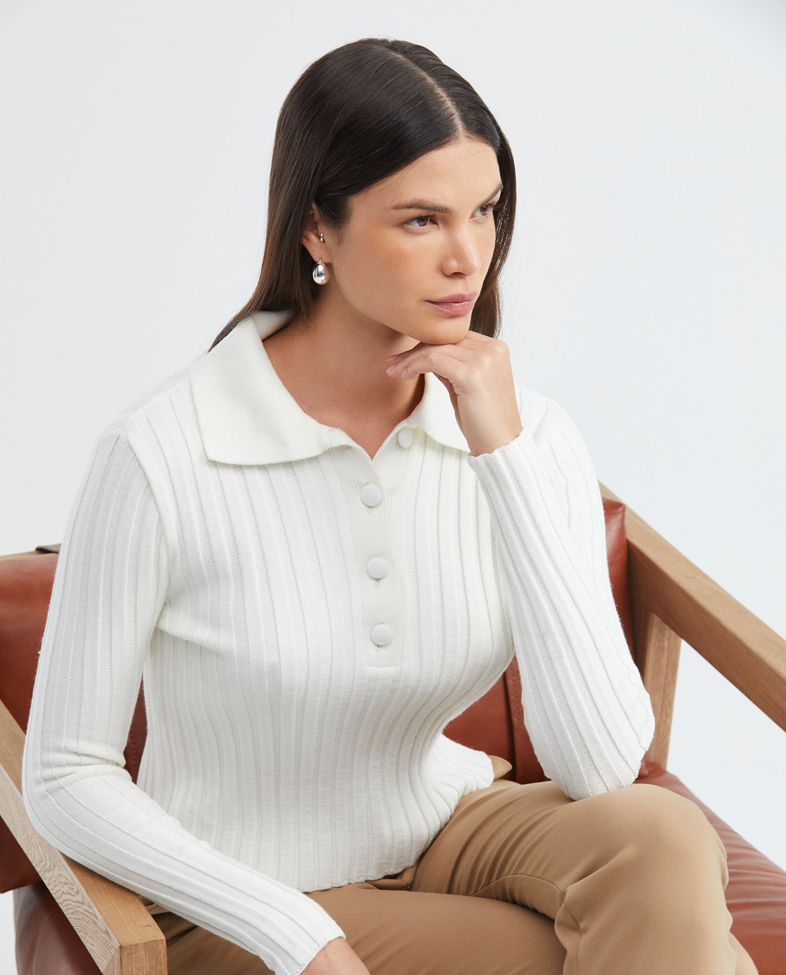 Camiseta Tejida de Mujer, Silueta Recta Cuello Tipo Polo Manga Larga - Galga Media