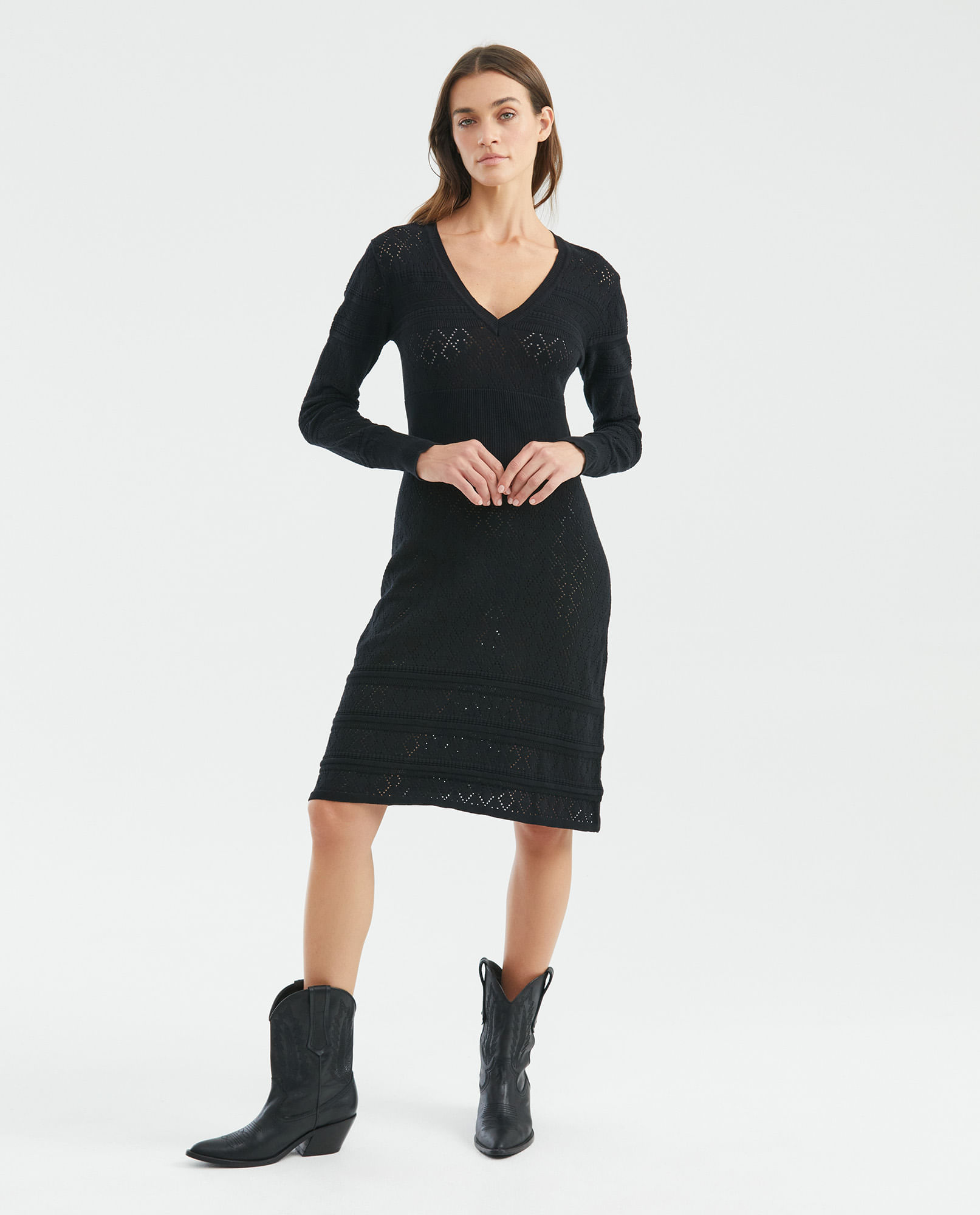 Vestido Tejido, Silueta Ajustada en Cintura Escote Profundo en V Manga Larga - Galga Liviana
