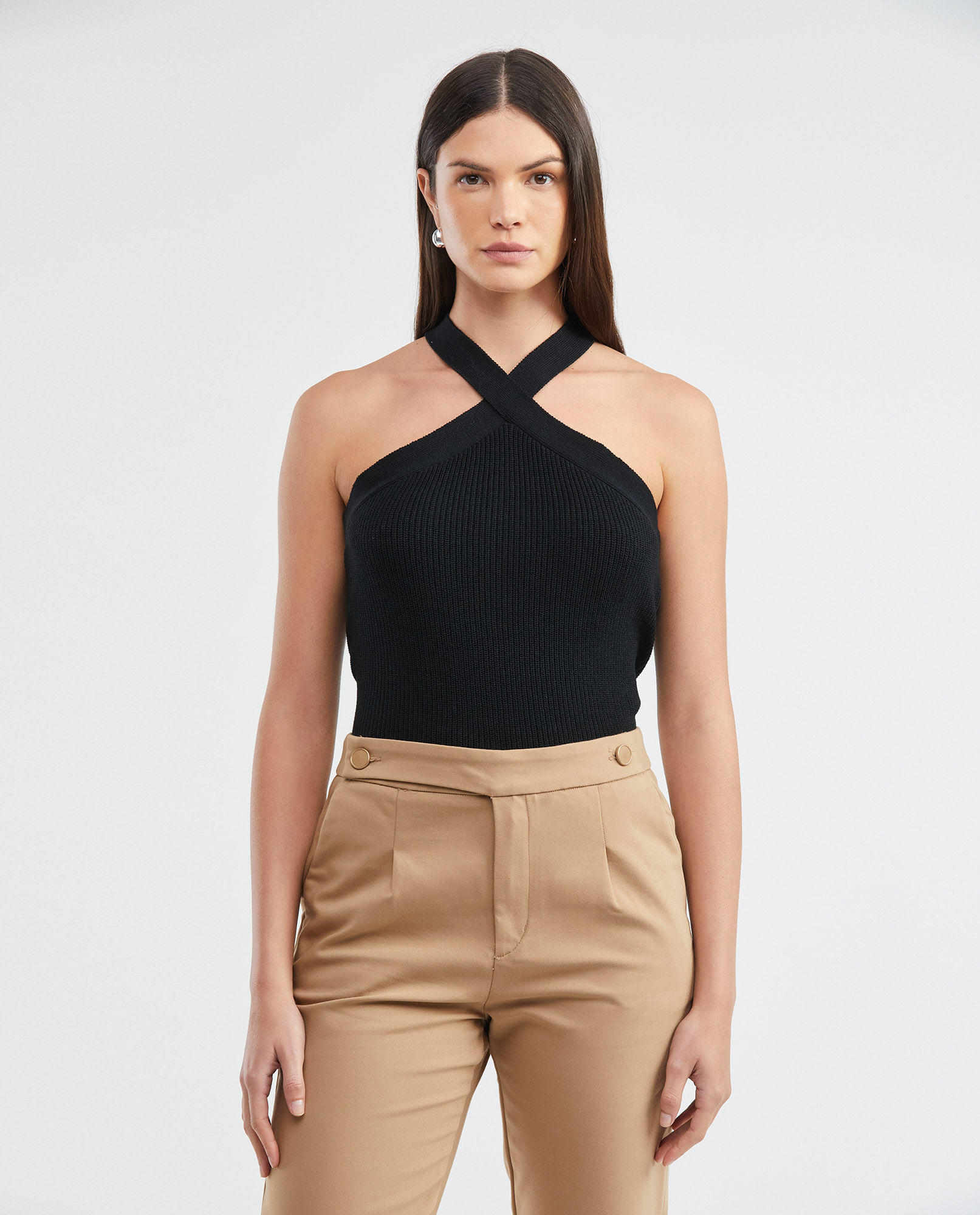 Top Tejido de Mujer, Silueta Recta Cuello Tipo Halter Tirantes Cruzados - Galga Liviana