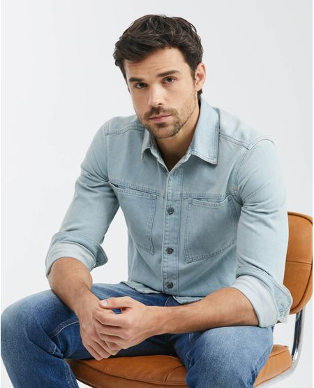Camisa de Hombre en Denim, Slim Fit Manga Larga - Azul Claro Tipo Shaket