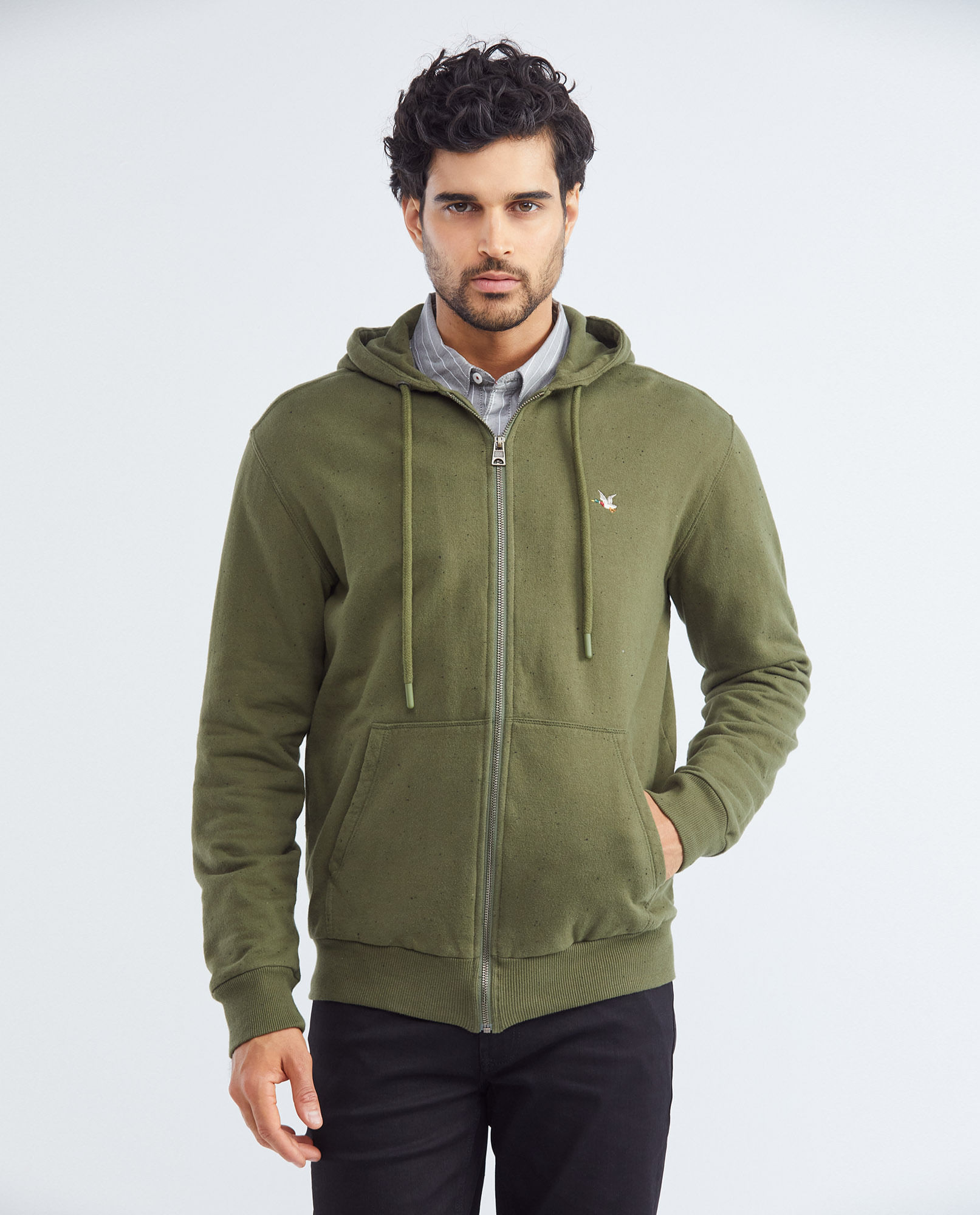 Buzo de Hombre, Abierto con Capucha - Bordado de pato Multicolor