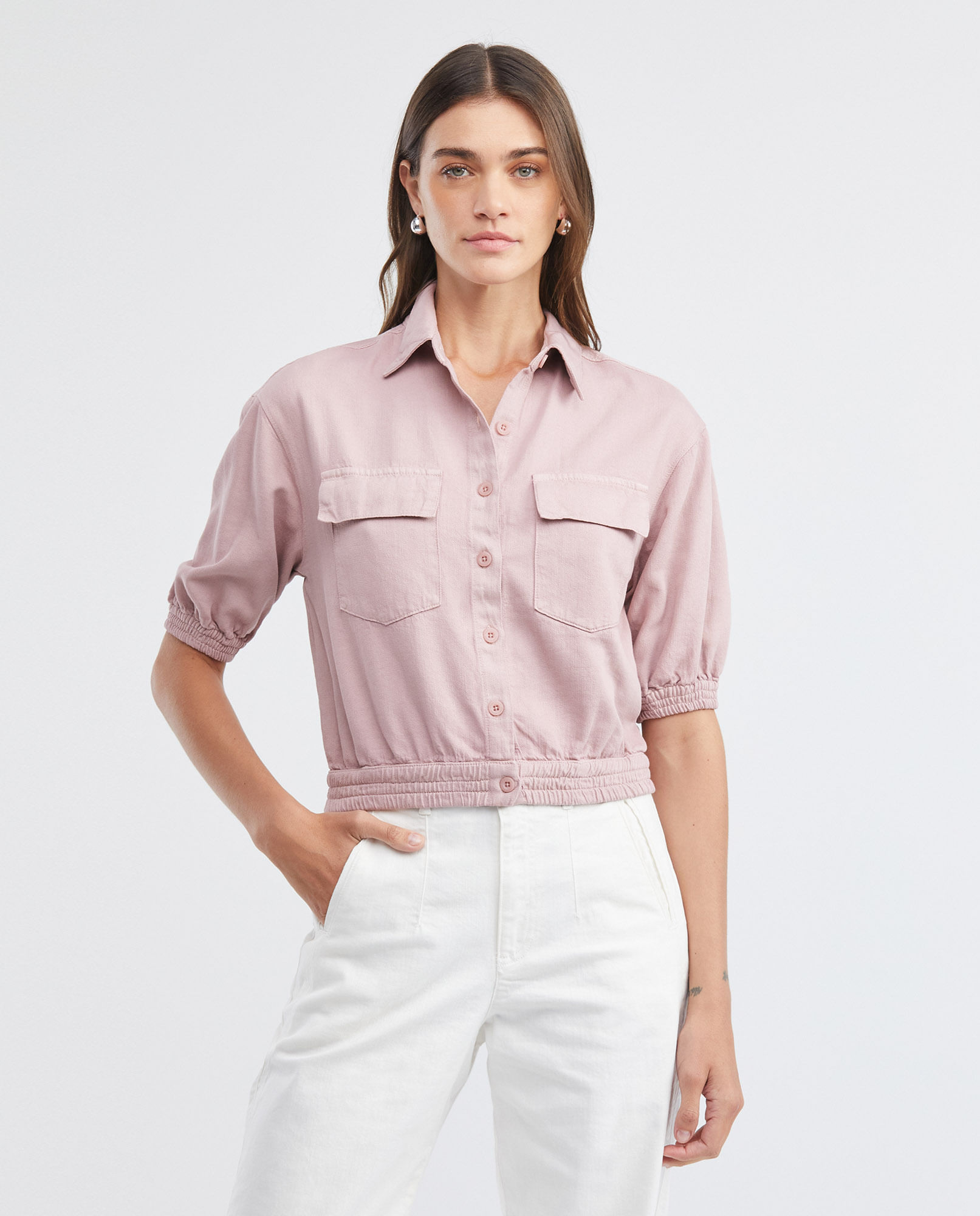 Camisa de Mujer, Tipo Crop Silueta Recta Manga Corta Cuello Camisero - Influencia Cargo