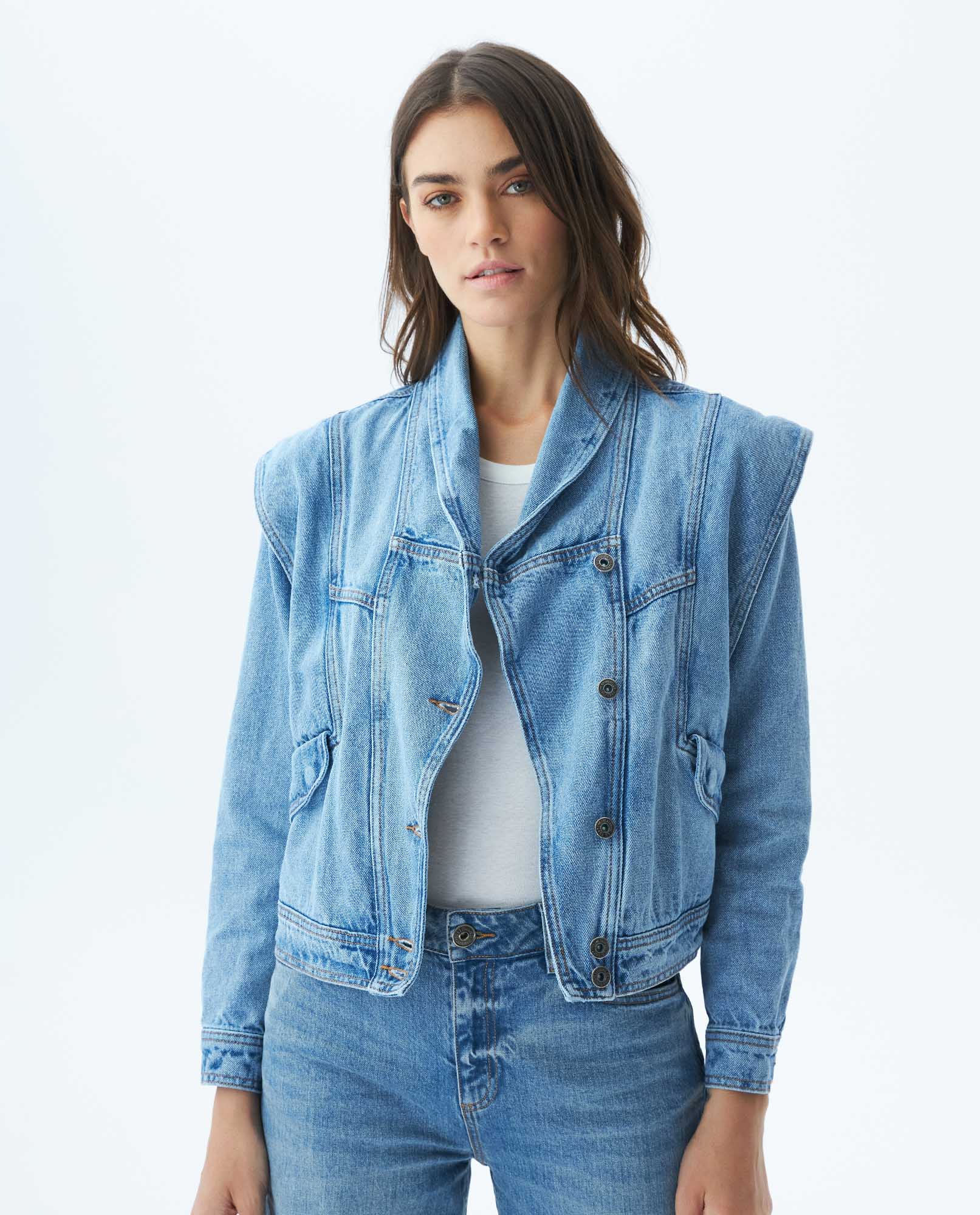 Chaqueta de Mujer en Denim, Tipo Biker Straight Fit - Azul Claro