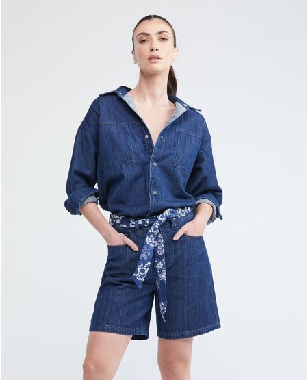 Camisa de Mujer en Denim, Straight Fit Manga Larga - Azul Medio