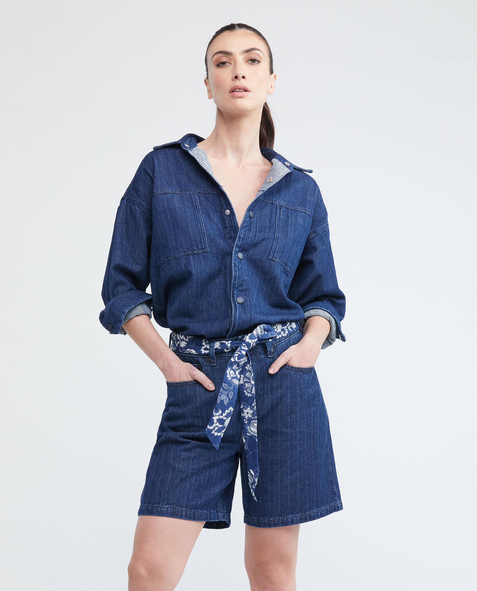 Camisa de Mujer en Denim, Straight Fit Manga Larga - Azul Medio