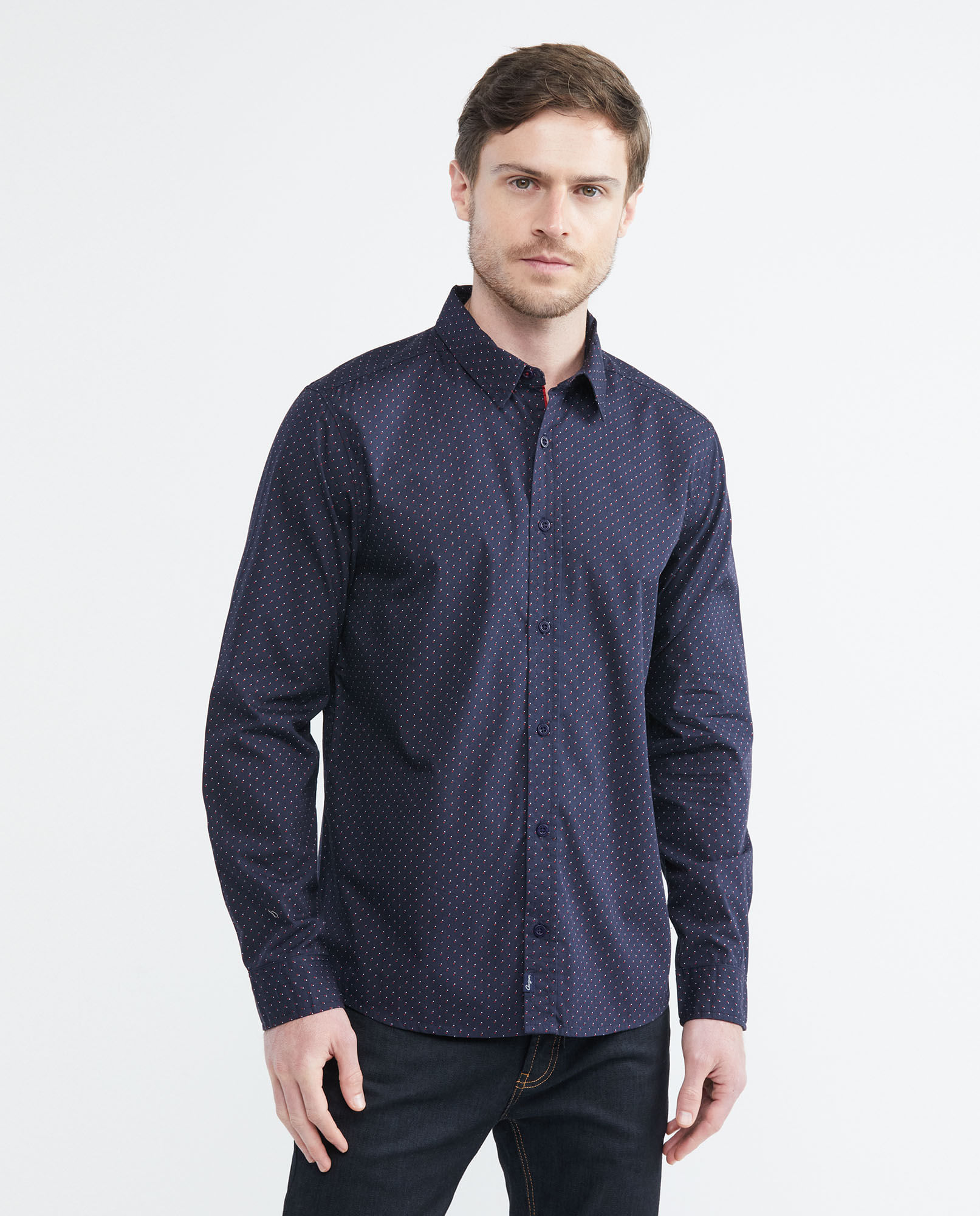 Camisa de Hombre, Slim Fit Manga Larga - Mini Print 100% Algodón