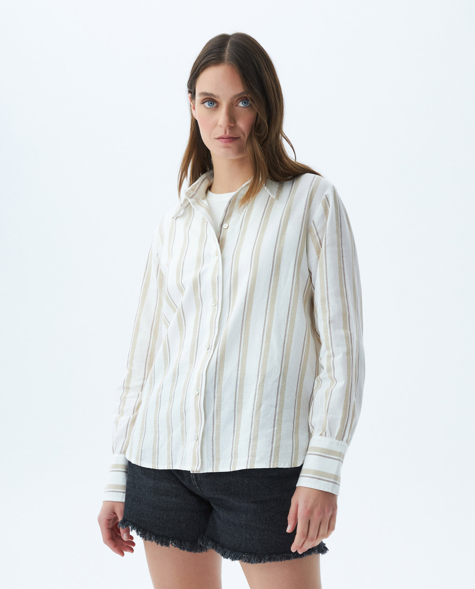 Camisa de Mujer, Silueta Recta Manga Larga Cuello Camisero - Rayas Algodón + Lino
