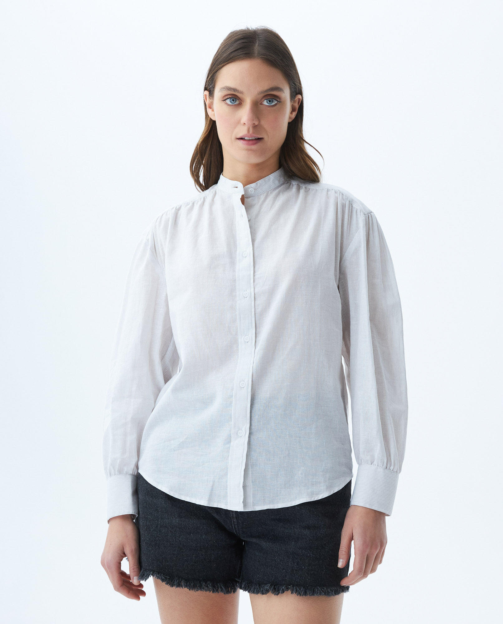 Camisa de Mujer, Silueta Oversized Manga Ballon Cuello Nerú - Mil Rayas