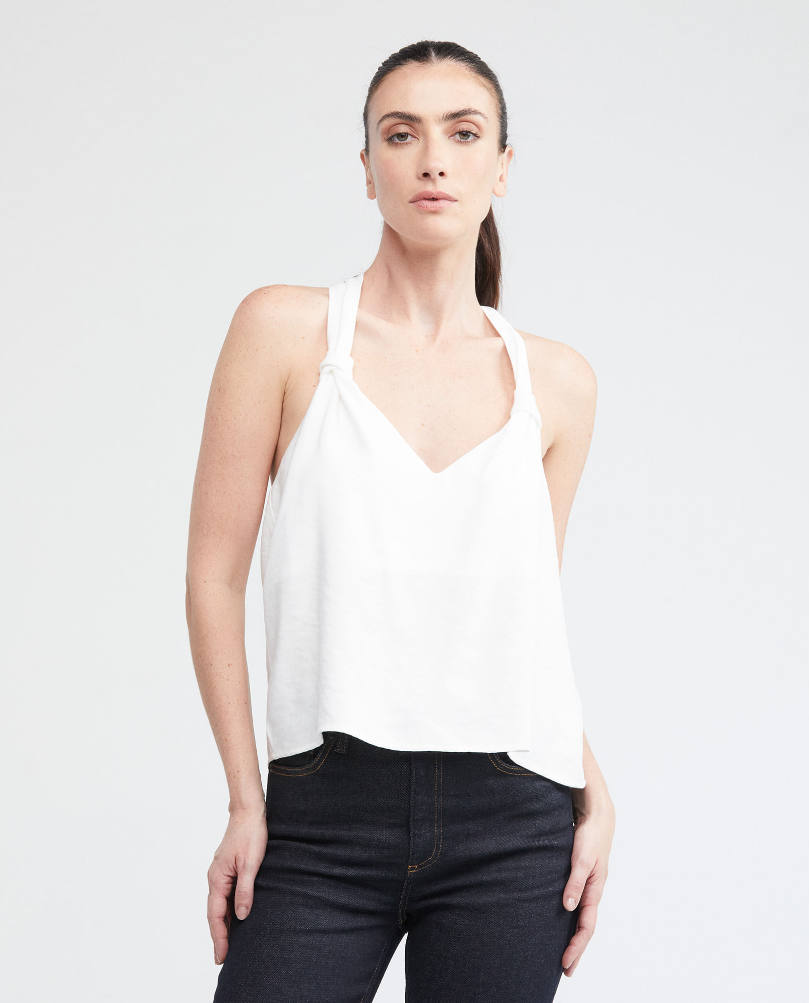 Camisa de Mujer, Silueta Recta Tirantes Amplias Escote Profundo en V - Anudado en Espalda