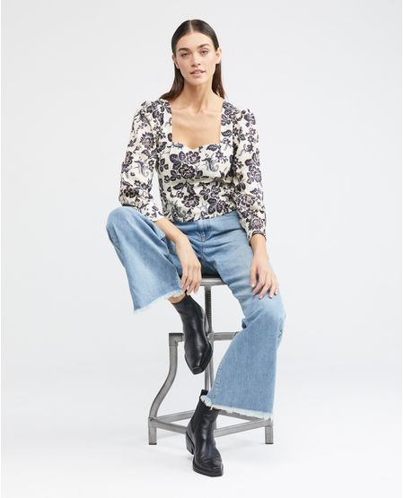 Camisa de Mujer Tipo Corsé, Silueta Ajustada Manga Larga con Volumen Escote Cuadrado - Maxi Print Flores
