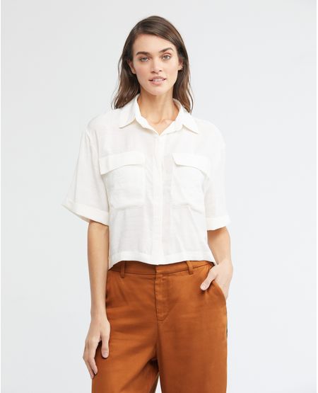 Camisa de Mujer, Silueta Recta Manga Corta Cuello Camisero - Bolsillos Sobredimensionados