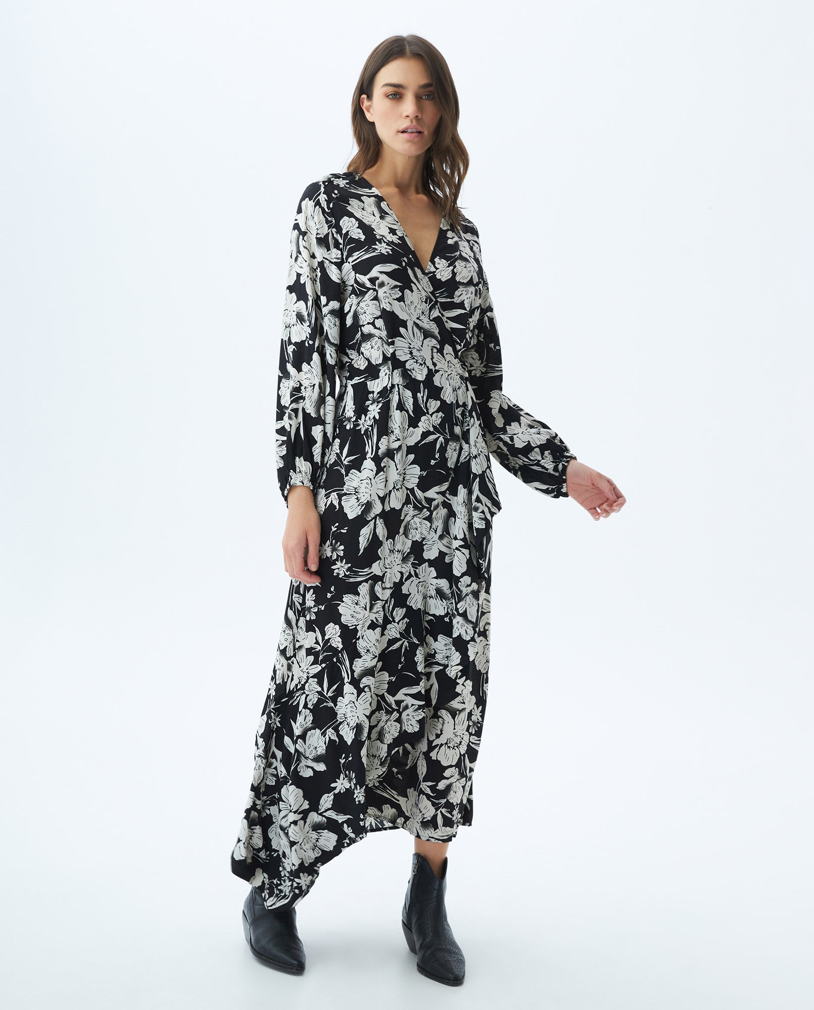 Vestido Largo Tipo Wrap, Escote en V Manga Larga - Maxi Print Flores Duotono