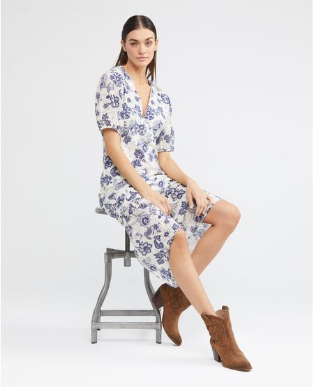 Vestido Largo Silueta Ajustada, Escote en V Manga Corta con Volumen - Maxi Print Flores
