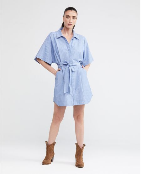 Vestido Corto Tipo Camisero, Cuello Camisero Manga Corta - Rayas