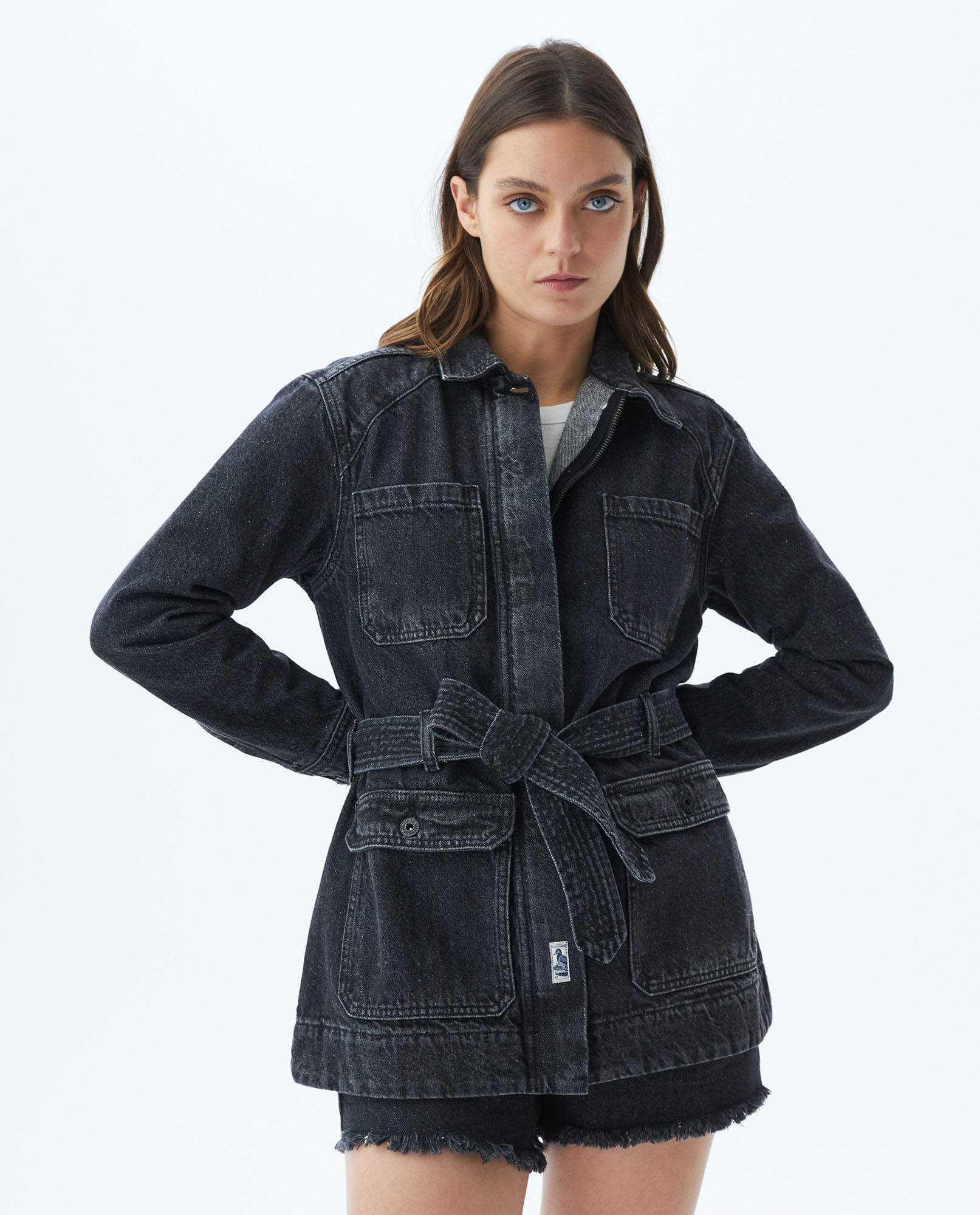 Chaqueta de Mujer en Denim, Straight Fit - Gris Oscuro + Cinturón