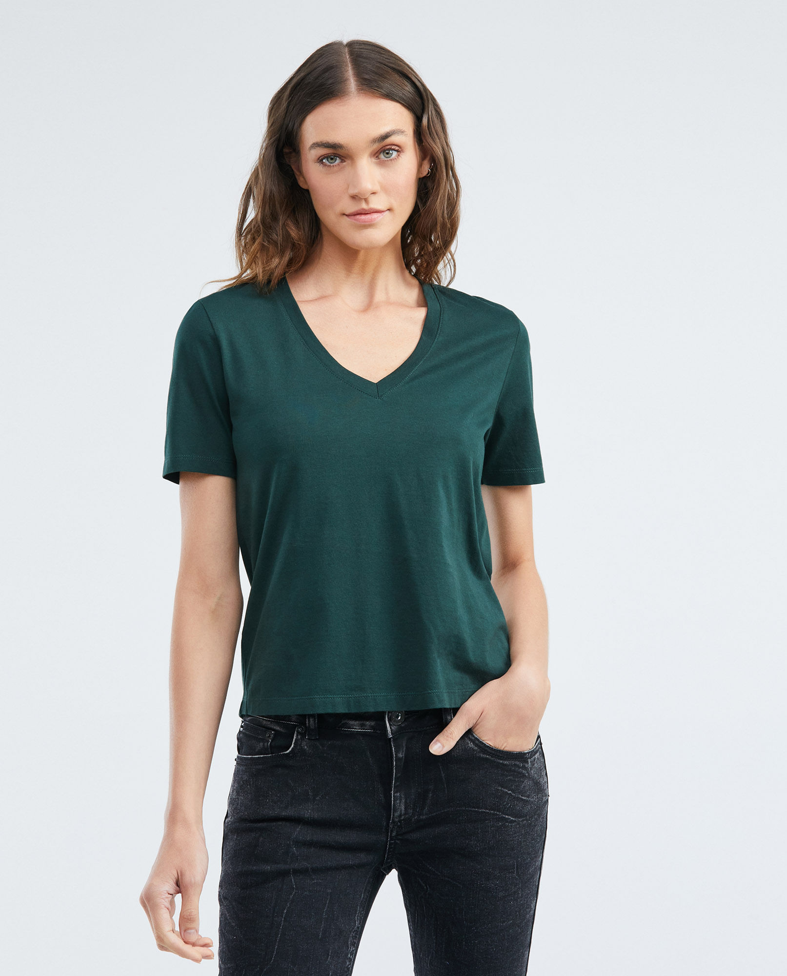 Camiseta Básica de Mujer, Manga Corta Cuello en V - 100% Algodón Pima