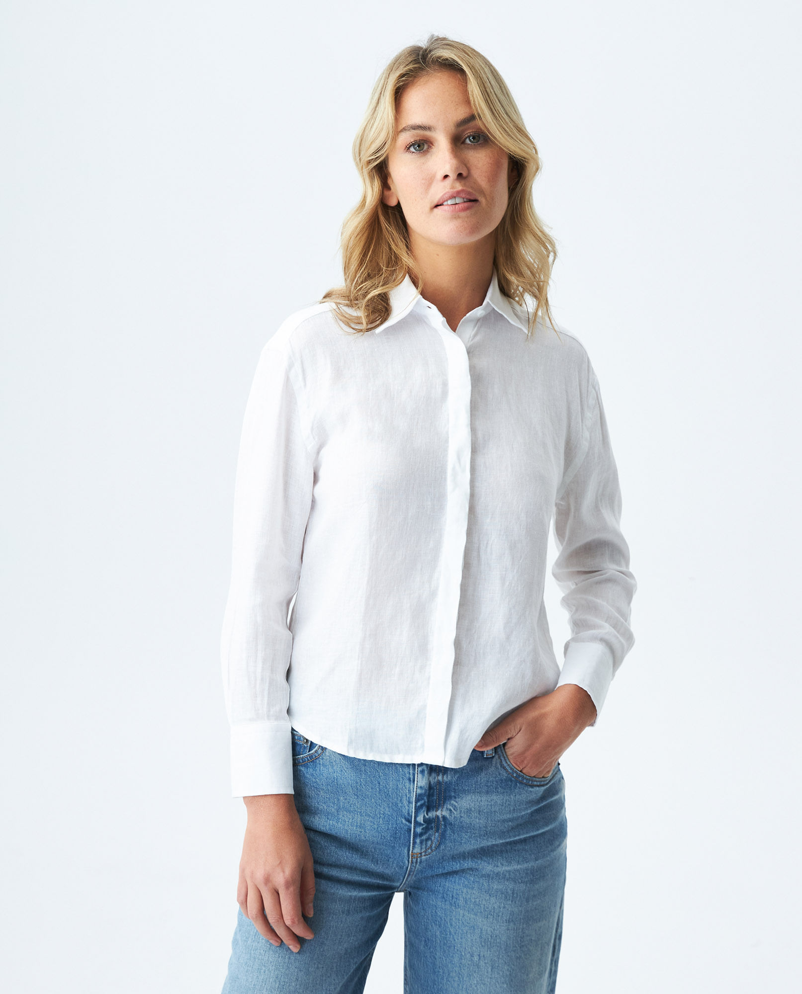 Camisa de Mujer, Silueta Relaxed Manga Larga Cuello Camisero - Lino