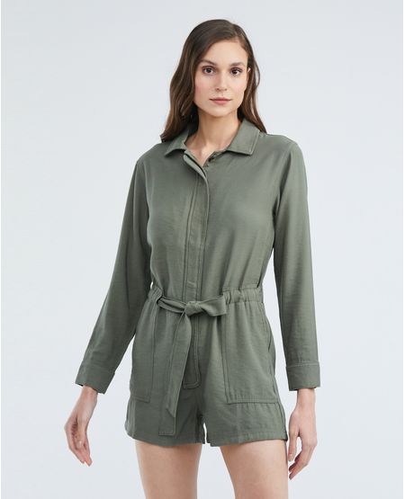 Vestido Corto Tipo Jumpsuit, Cuello Camisero Manga Larga - Influencia Cargo