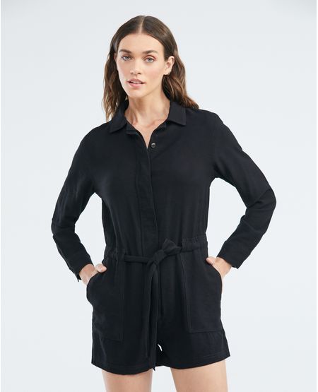 Vestido Corto Tipo Jumpsuit, Cuello Camisero Manga Larga - Influencia Cargo