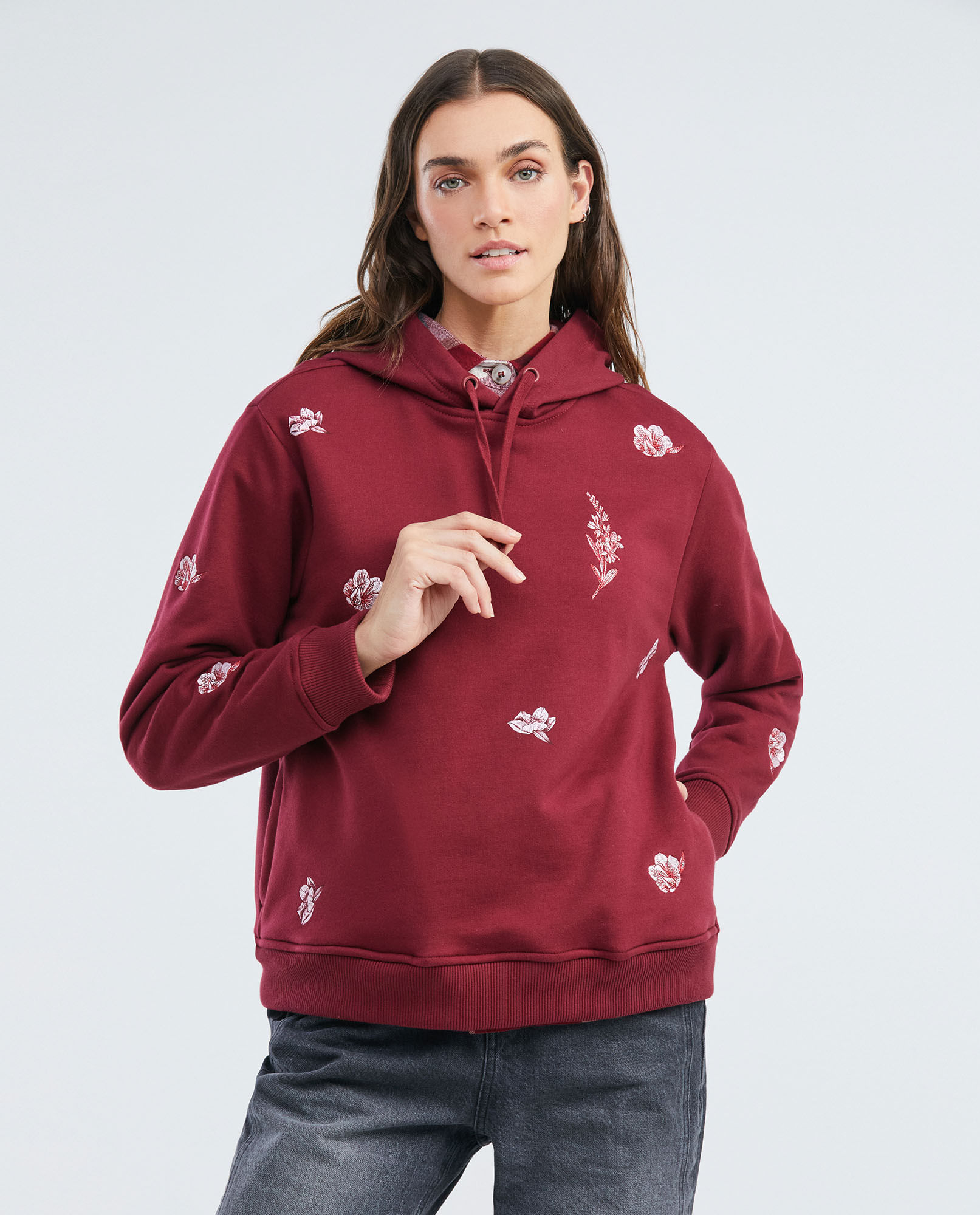 Buzo de Mujer, Cerrado con Capucha - Flores Estampadas y Bordadas