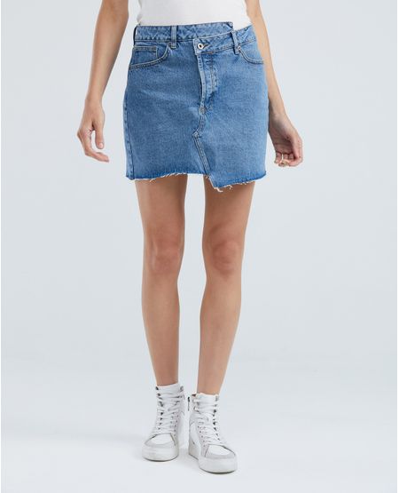 Falda Corta en Denim, High Rise - Pretina Cruzada Azul Medio