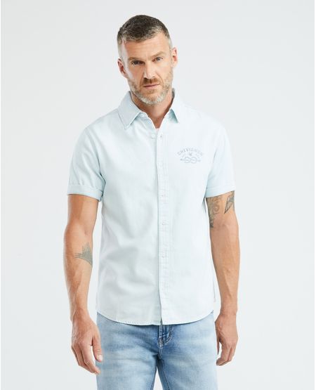 Camisa de Hombre en Denim, Slim Fit Manga Corta - Azul Claro Gráfico Espalda
