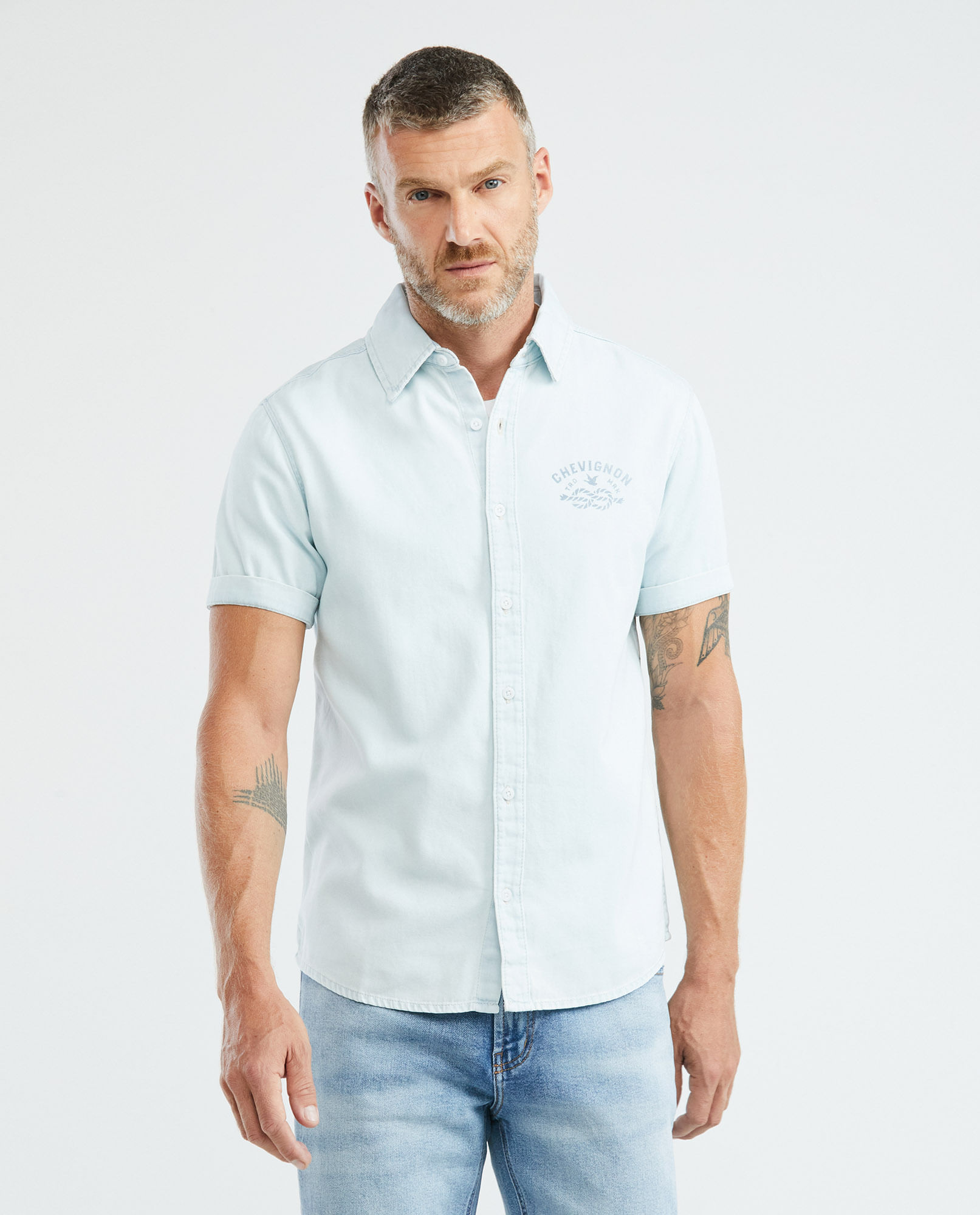 Camisa de Hombre en Denim, Slim Fit Manga Corta - Azul Claro Gráfico Espalda