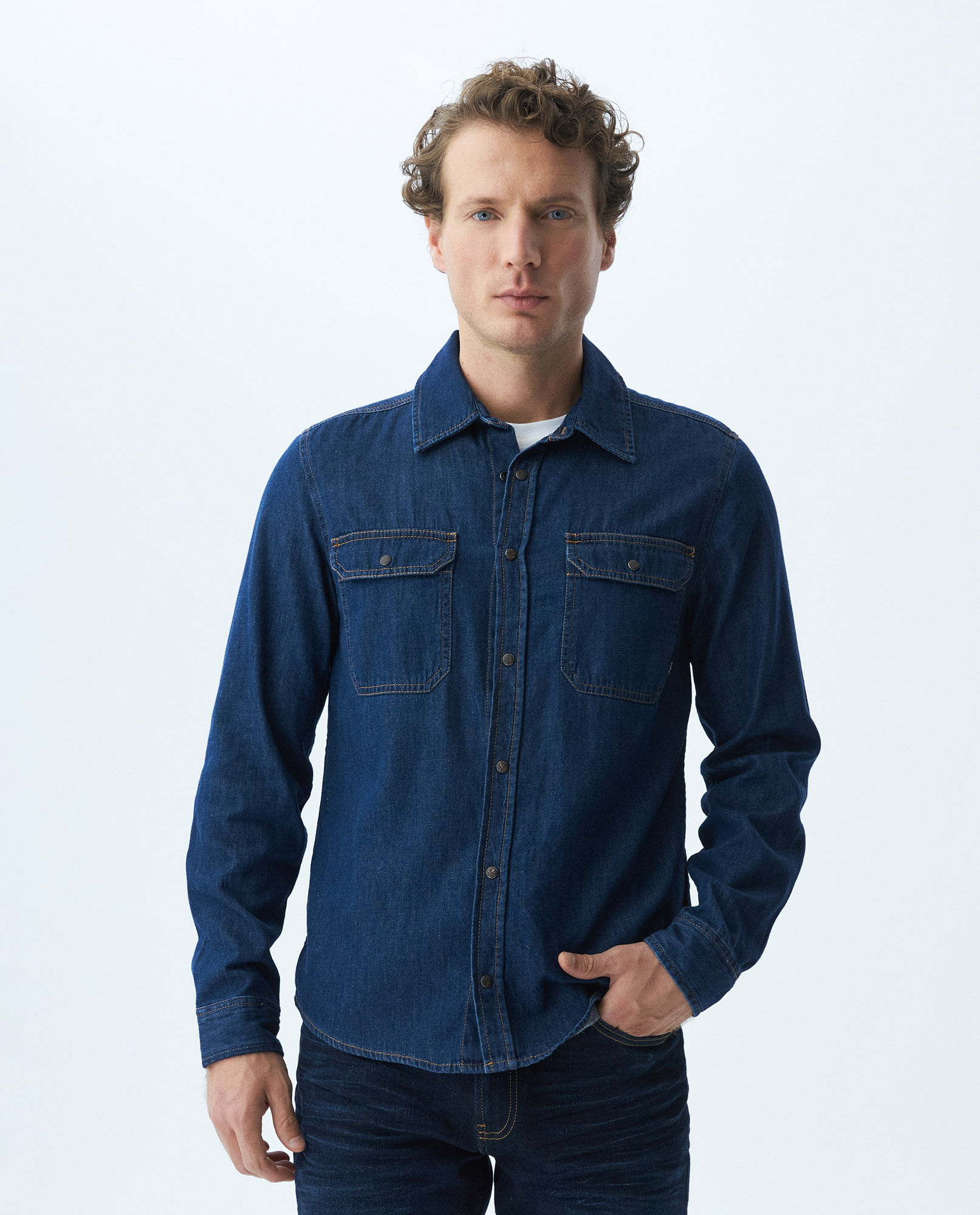 Camisa de Hombre en Denim, Classic Fit Manga Larga - Azul Oscuro